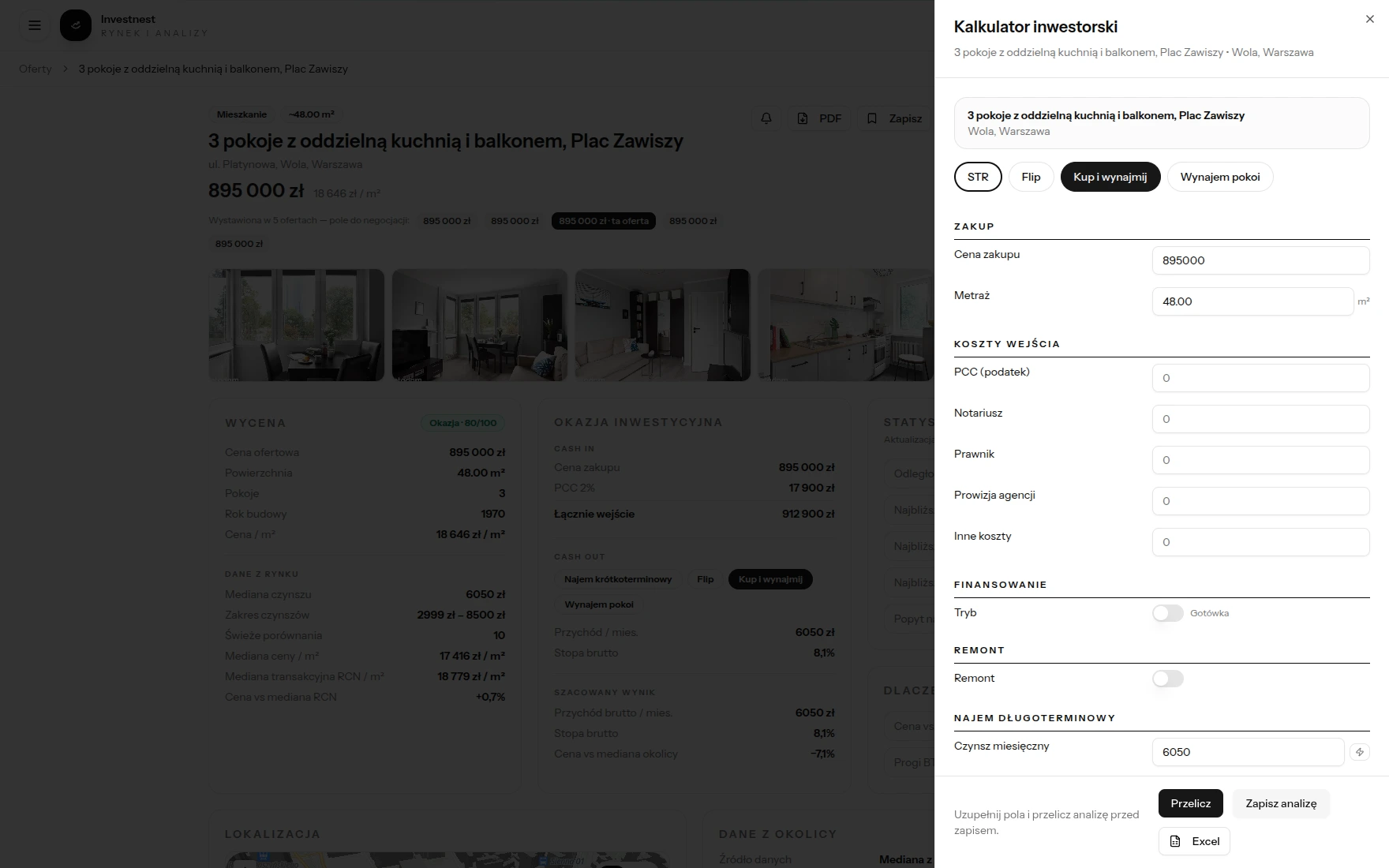 Kalkulator inwestorski Investnest z wyborem strategii i kosztami wejścia