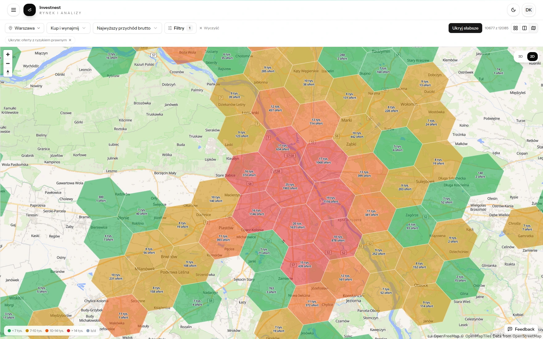 Interaktywna mapa rynku Investnest z heatmapą cen nieruchomości w Warszawie